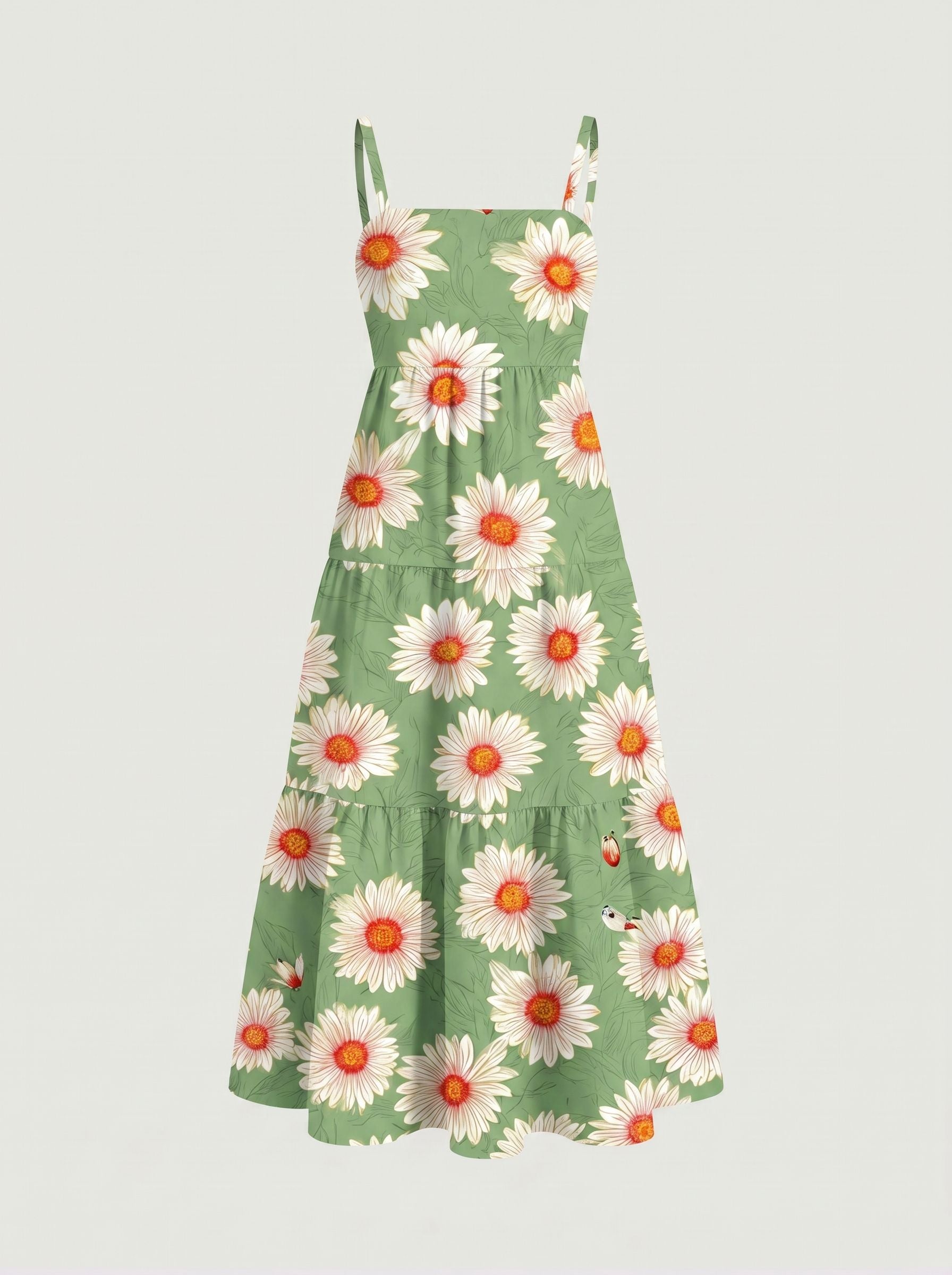 FLORA Floral Print Tiered Strap Midi Dress