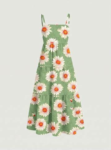 FLORA Floral Print Tiered Strap Midi Dress