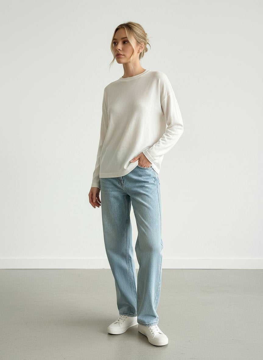 Lon Sleeves Loose Fit Soft Touch Basic T-shirt-White