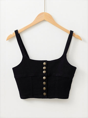 Button Front Fitted Denim Tank