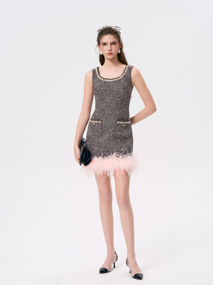 Feather Trim Tweed Mini Dress