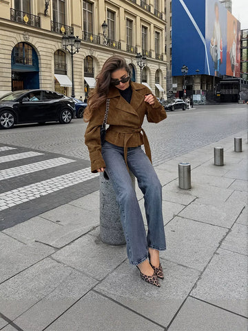 Belted Suede Notch Collar Jacket
