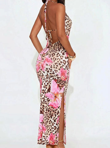 Floral Leopard Bodycon Sexy Midi Dress