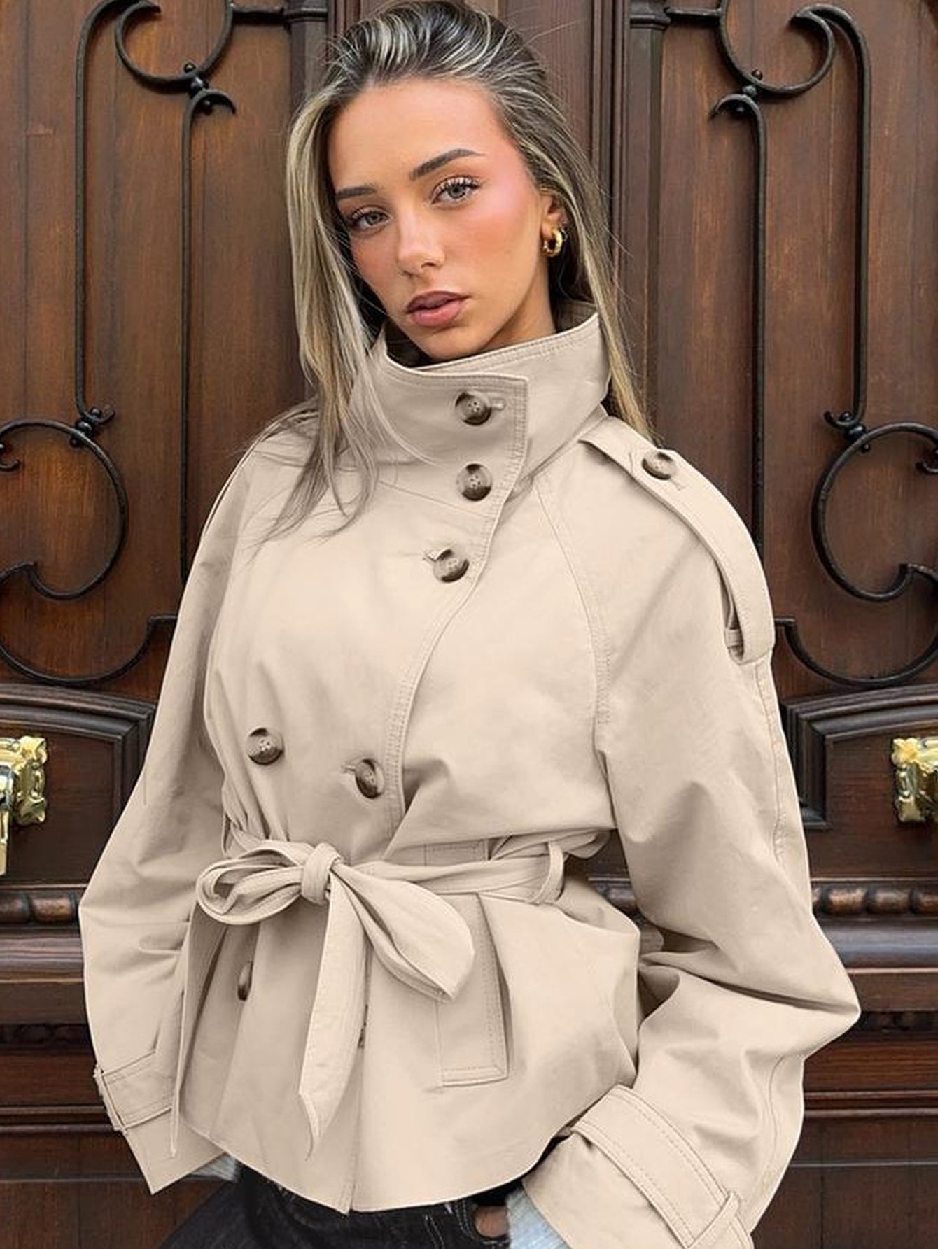 Cropped Belted Stand Collar Trench Coat