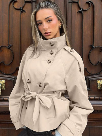 Cropped Belted Stand Collar Trench Coat