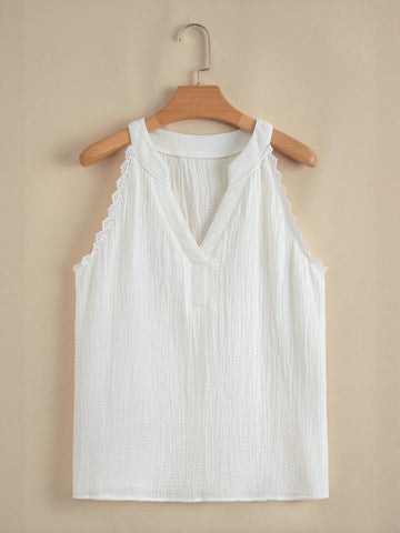 Lace Trim Textured Sleeveless Blouse