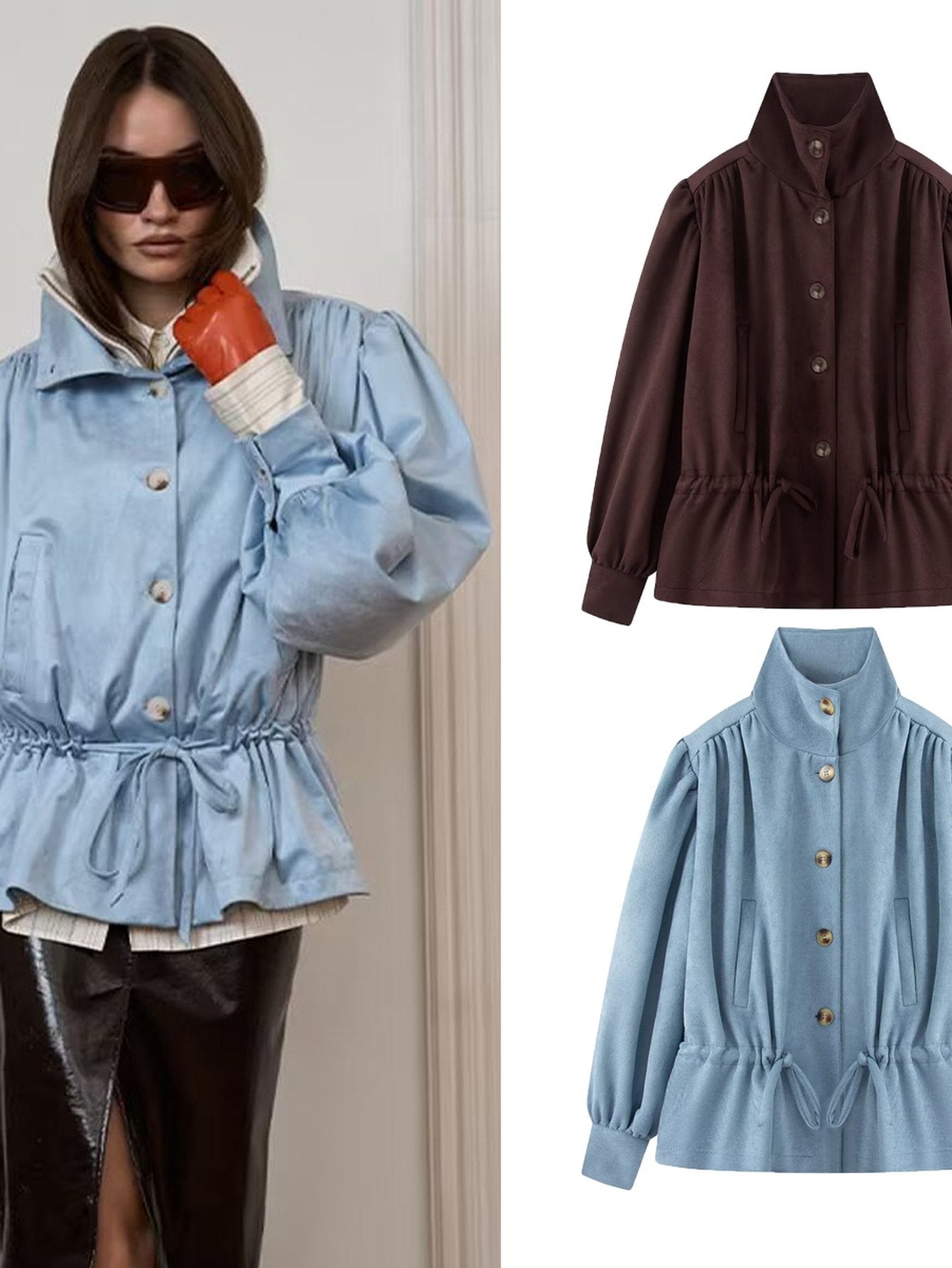 Puff Sleeve Drawstring Waist Trench Coat