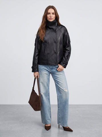 Oversized Double Breasted Leather Jacket