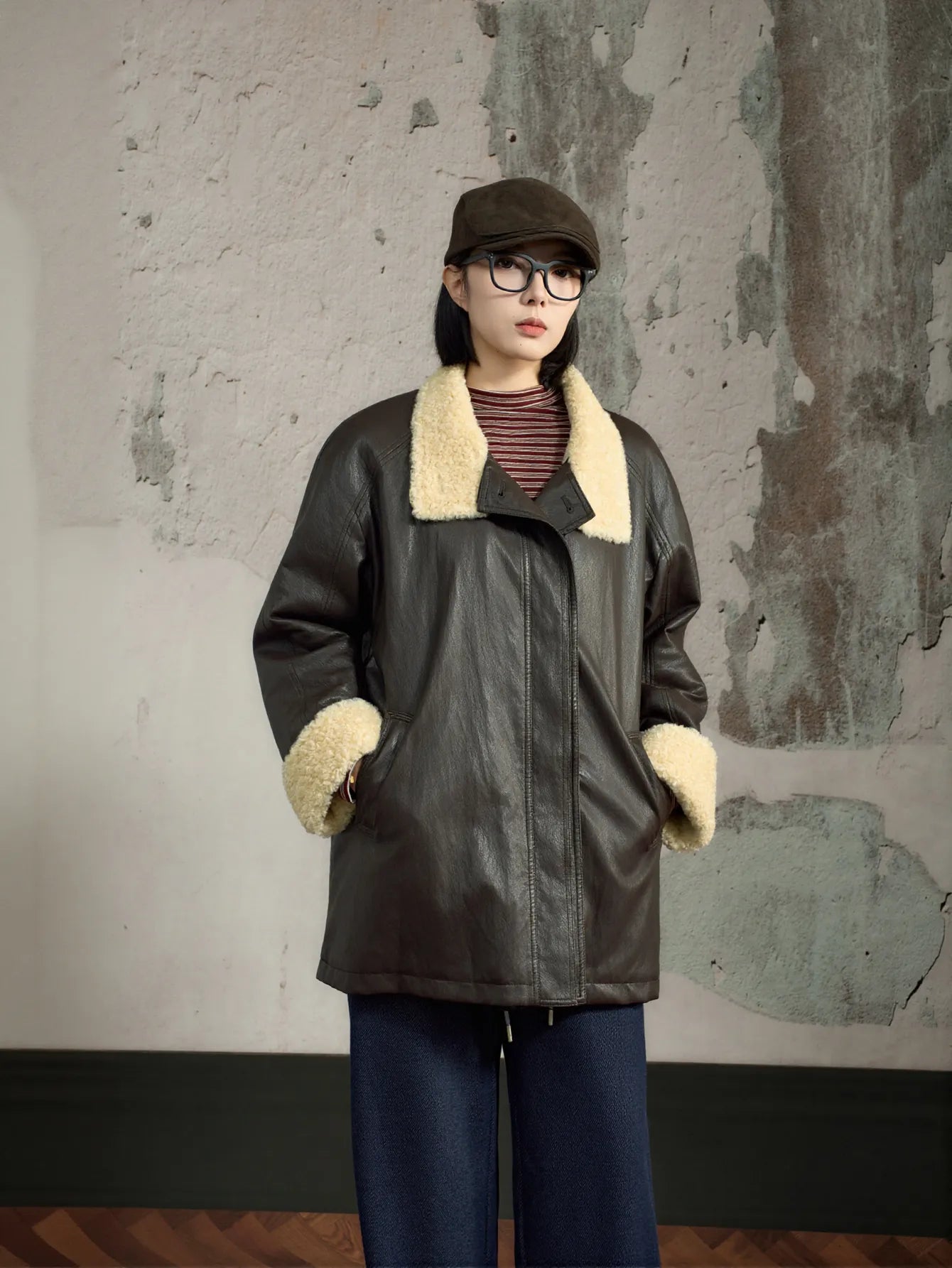 Oversized Faux Shearling Trim Leather Jacket