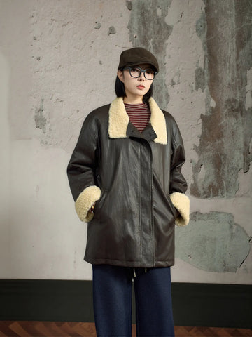 Oversized Faux Shearling Trim Leather Jacket
