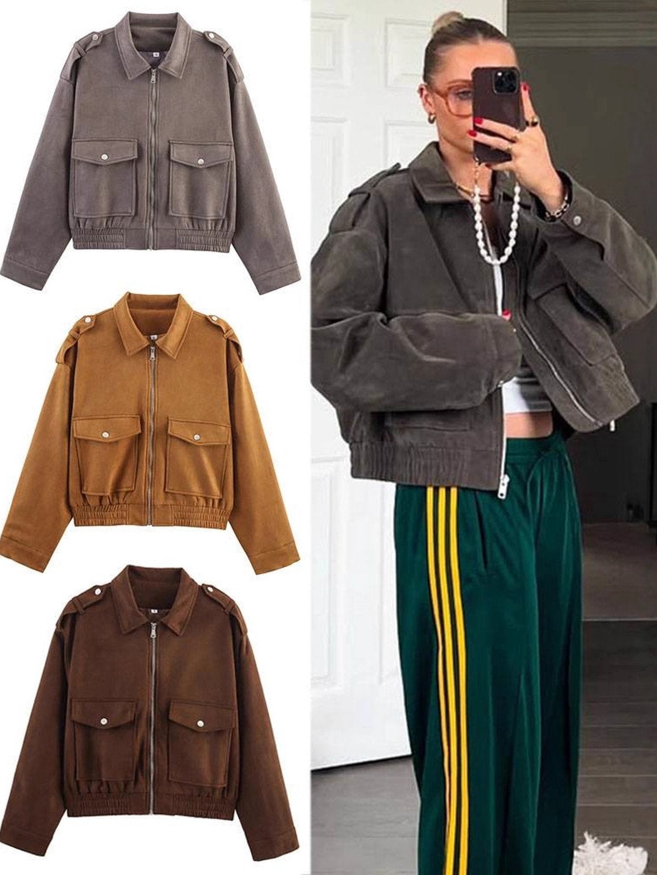 Cropped Suede Utility Bomber Jacket