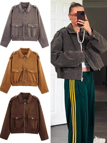 Cropped Suede Utility Bomber Jacket