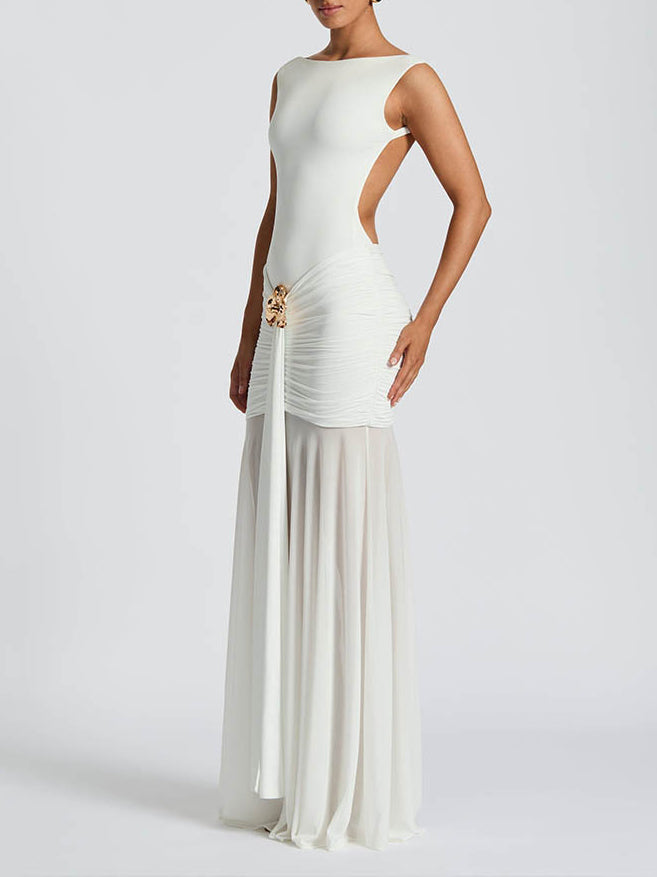 Elegant Ruched Mesh Maxi Dress