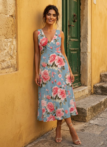 CORINNE
Floral Print V Neck A Line Midi Dress