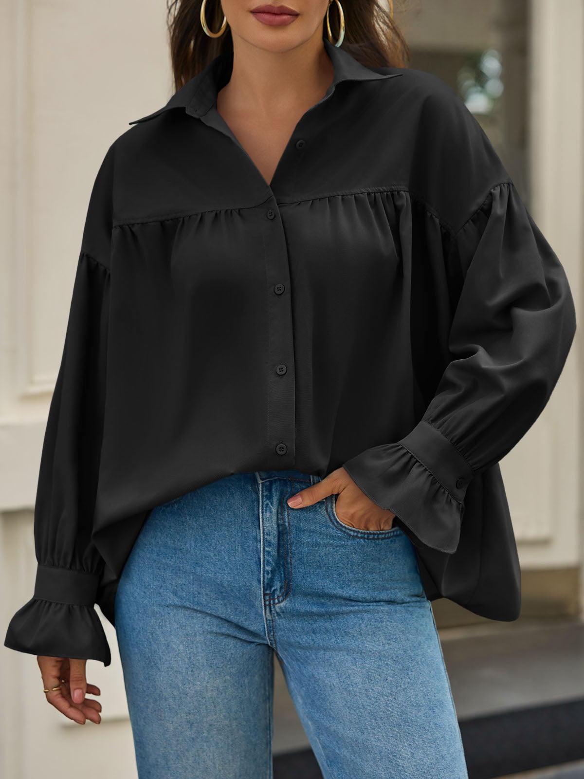 Oversized Puff Sleeve Button Down Shirt