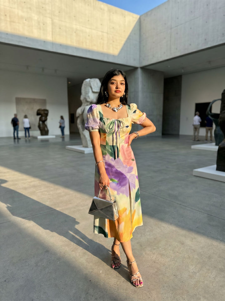CORA Abstract Watercolor Print Puff Sleeve Tie MidiDress