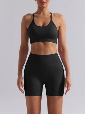 Solid Shoulder Strap Sports Bra High-Waisted Shorts Set