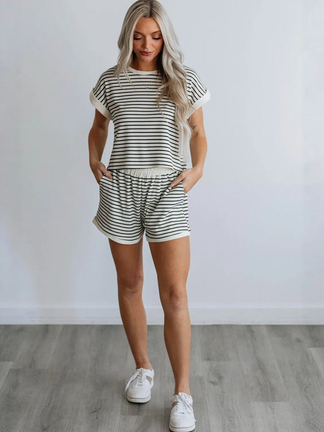Striped Short Sleeve Shorts Set