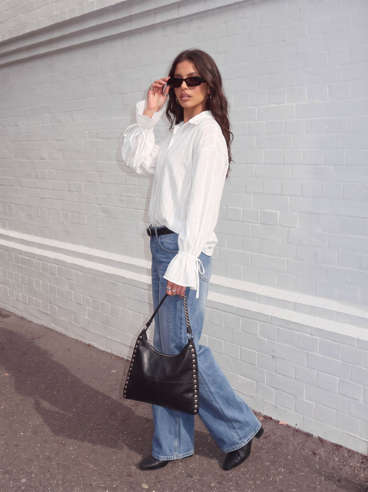 Sheer Striped Ruffle Sleeve Button Shirt