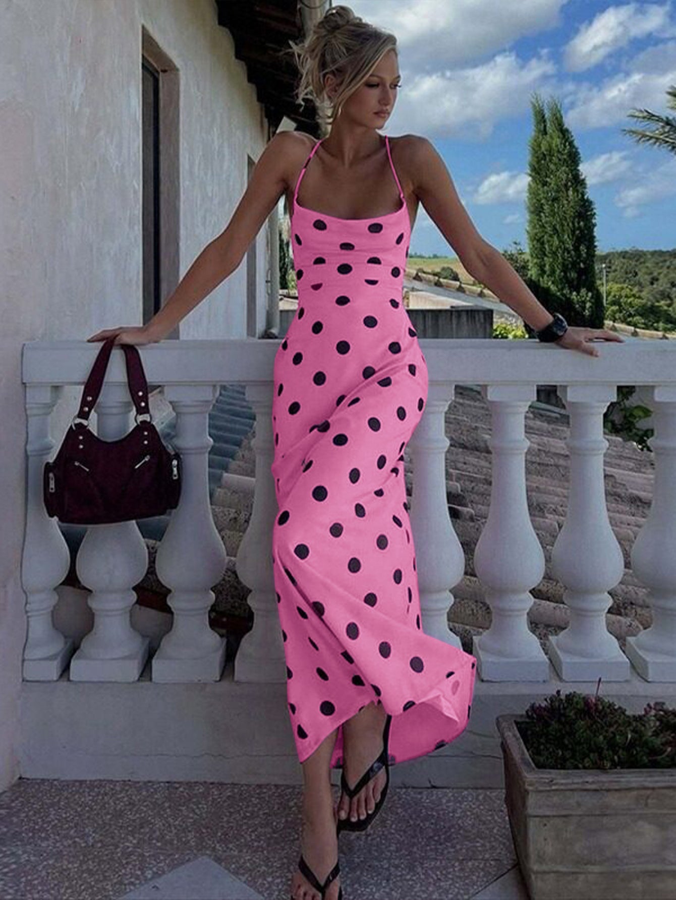 Polka Dot Cowl Neck Midi Dress
