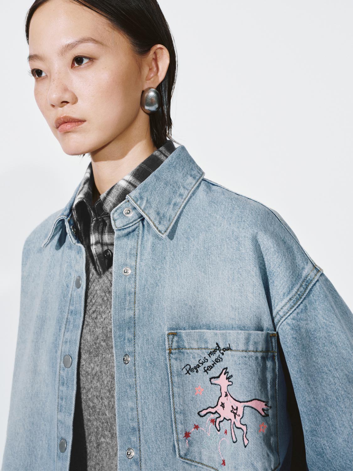 Urban Revivo Embroidered Patch Pocket Denim Shirts-Sky Blue