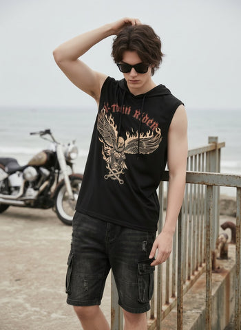 Graphic Eagle Print Hooded Tank Top