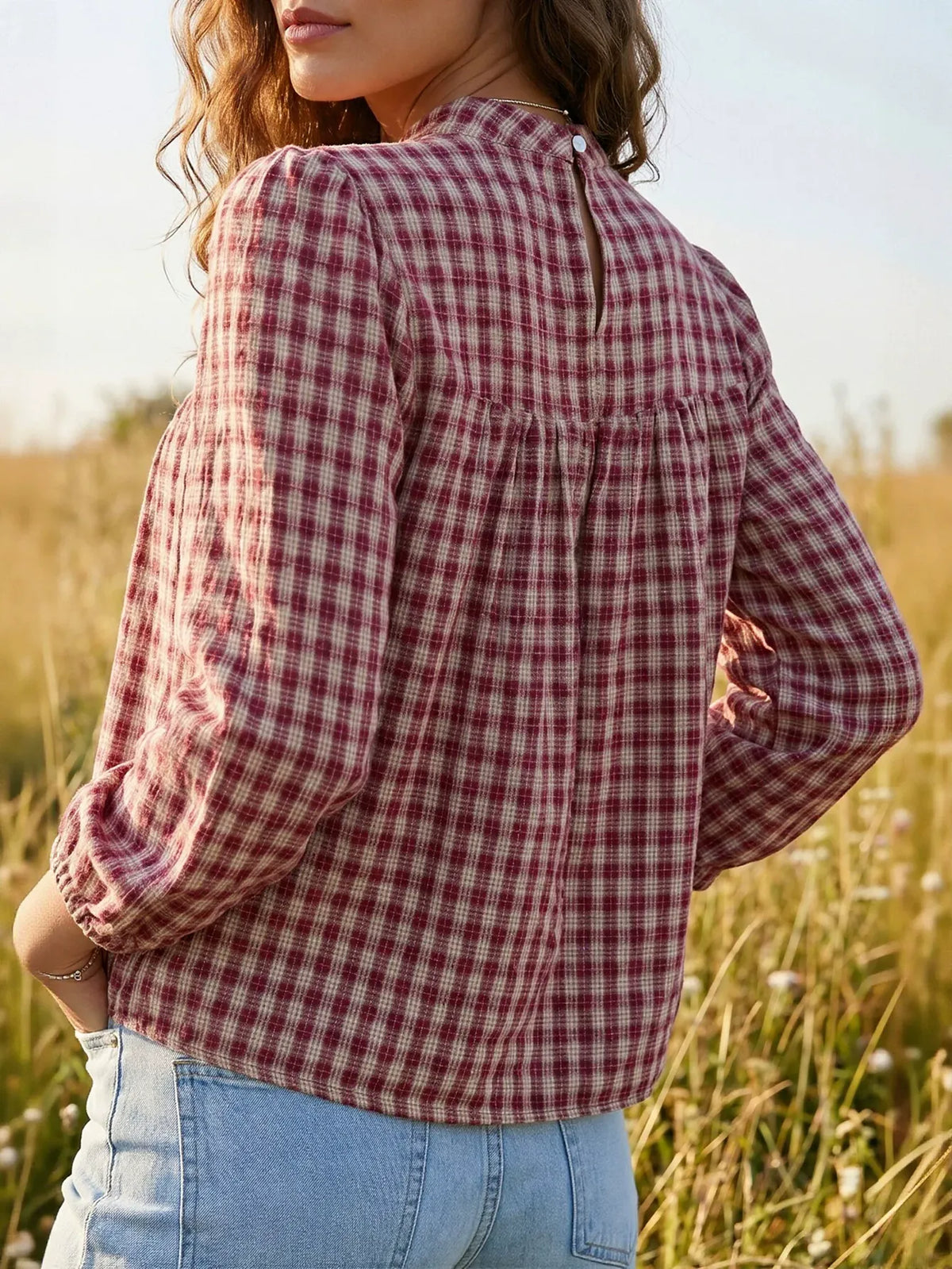 Plaid Smocked Mock Neck Blouse