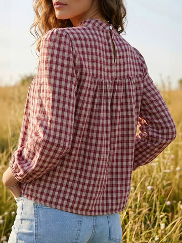 Plaid Smocked Mock Neck Blouse