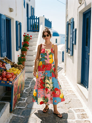 FLORA Floral Print Tiered Strap Midi Dress