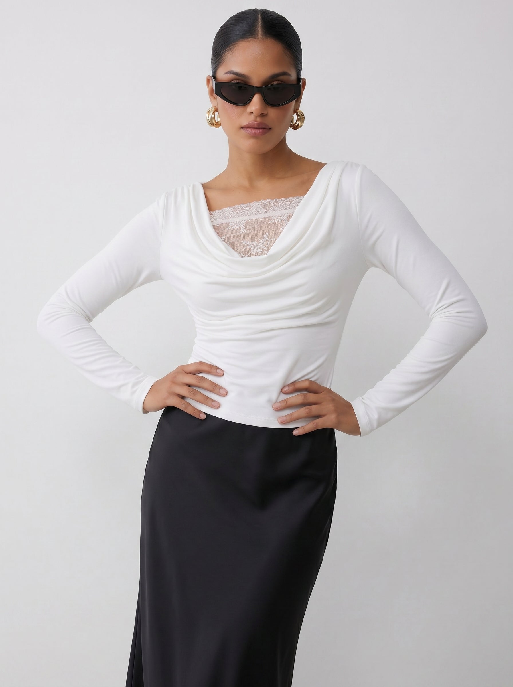 Elegant Lace Trim Cowl Neck T-shirt