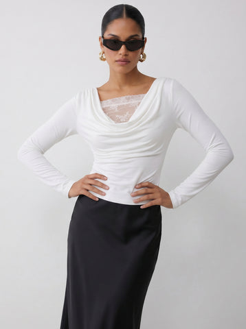 Elegant Lace Trim Cowl Neck T-shirt
