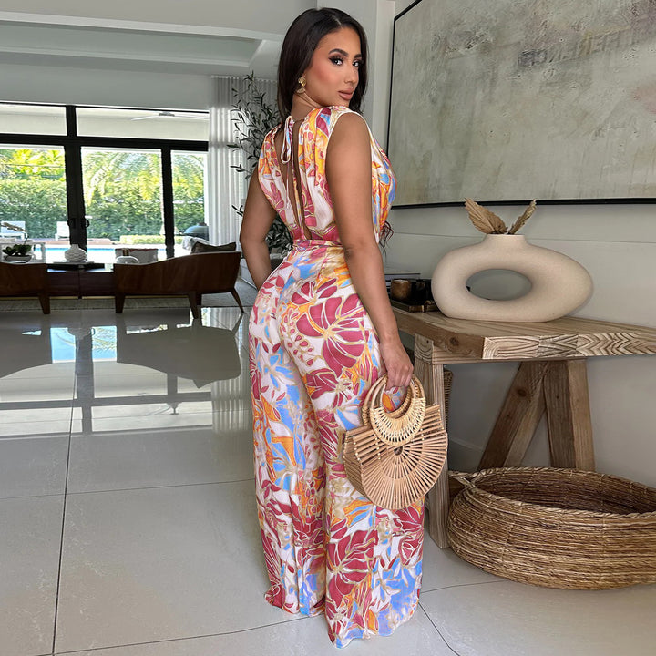Deep V Neck Floral Print Elegant Jumpsuit