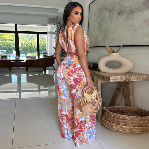 Deep V Neck Floral Print Elegant Jumpsuit