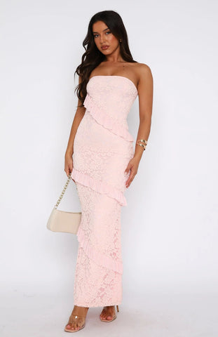 Off Shoulder Lace Tiered Vacation Maxi Dress