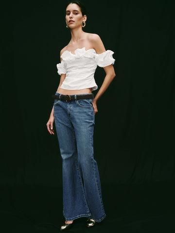 Ruffle Trim Embroidered Boat Neck Overhead Shirts