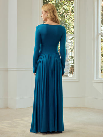 Elegant Long Sleeve Pleated Maxi Dress