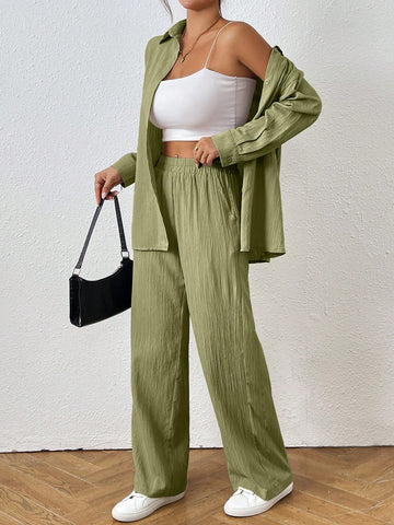 Loose-Fit Shirt Matching Wide-Leg Pants Casual Set