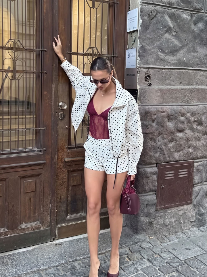 Polka Dot Cropped Stand Collar Jacket