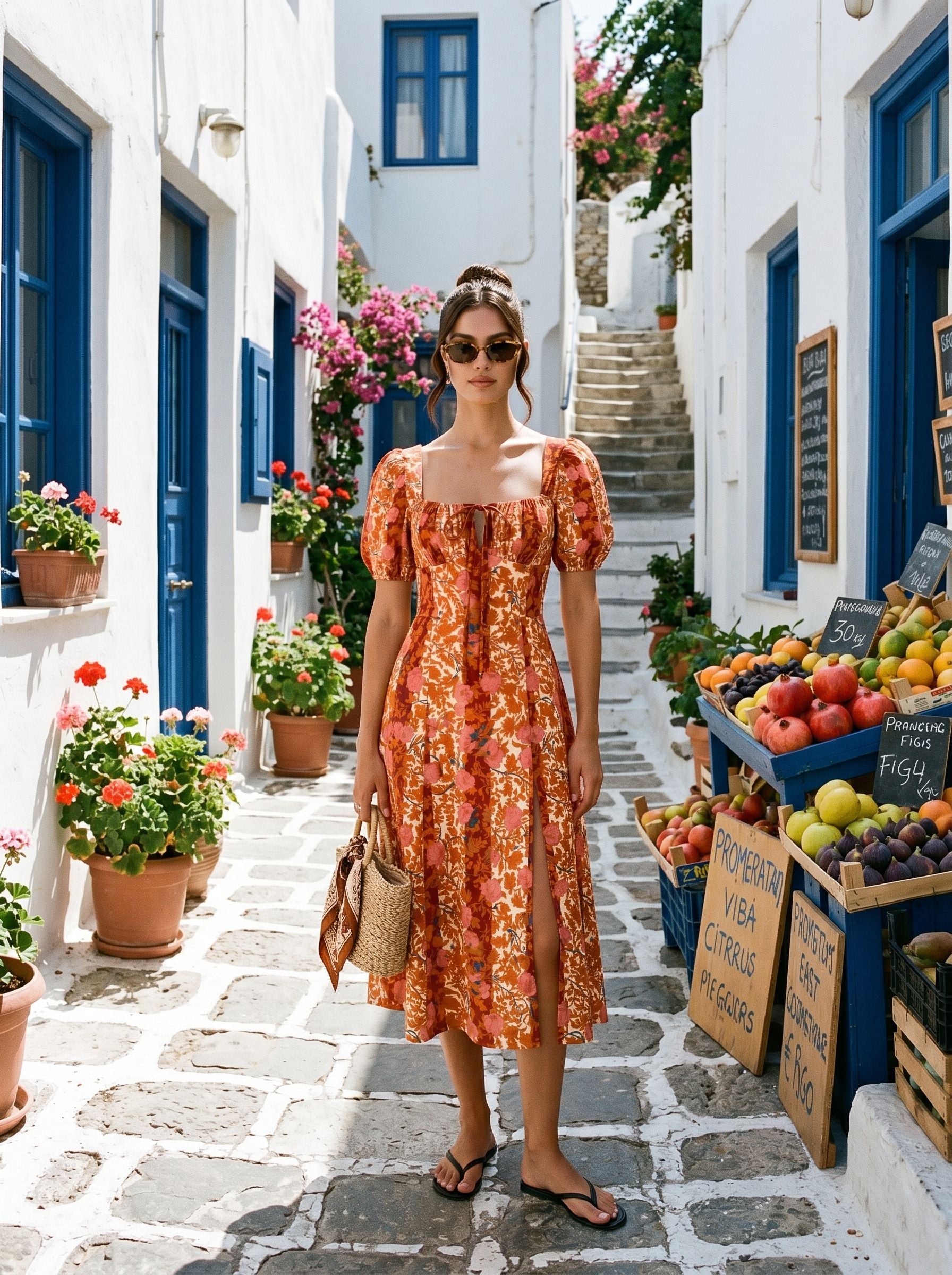 Floral Print Puff Sleeve Tie MidiDress