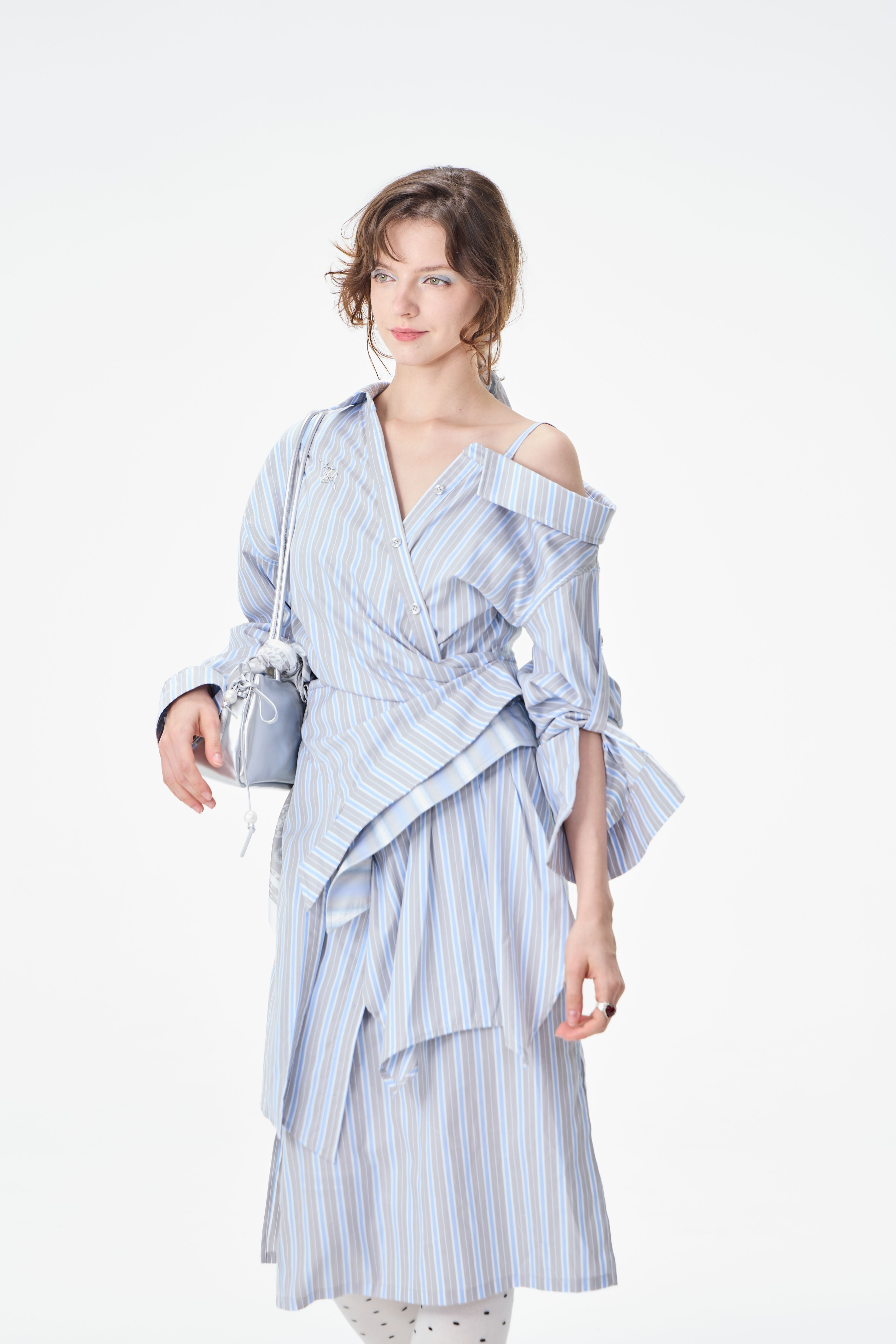 Asymmetrical Striped Cold Shoulder Shirt Dress