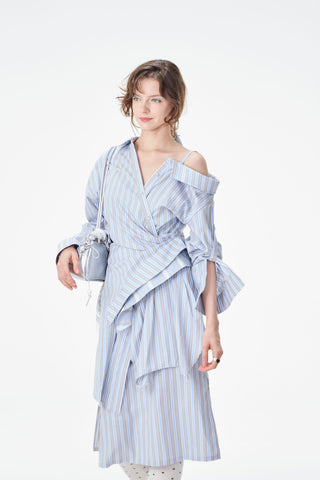 Asymmetrical Striped Cold Shoulder Shirt Dress