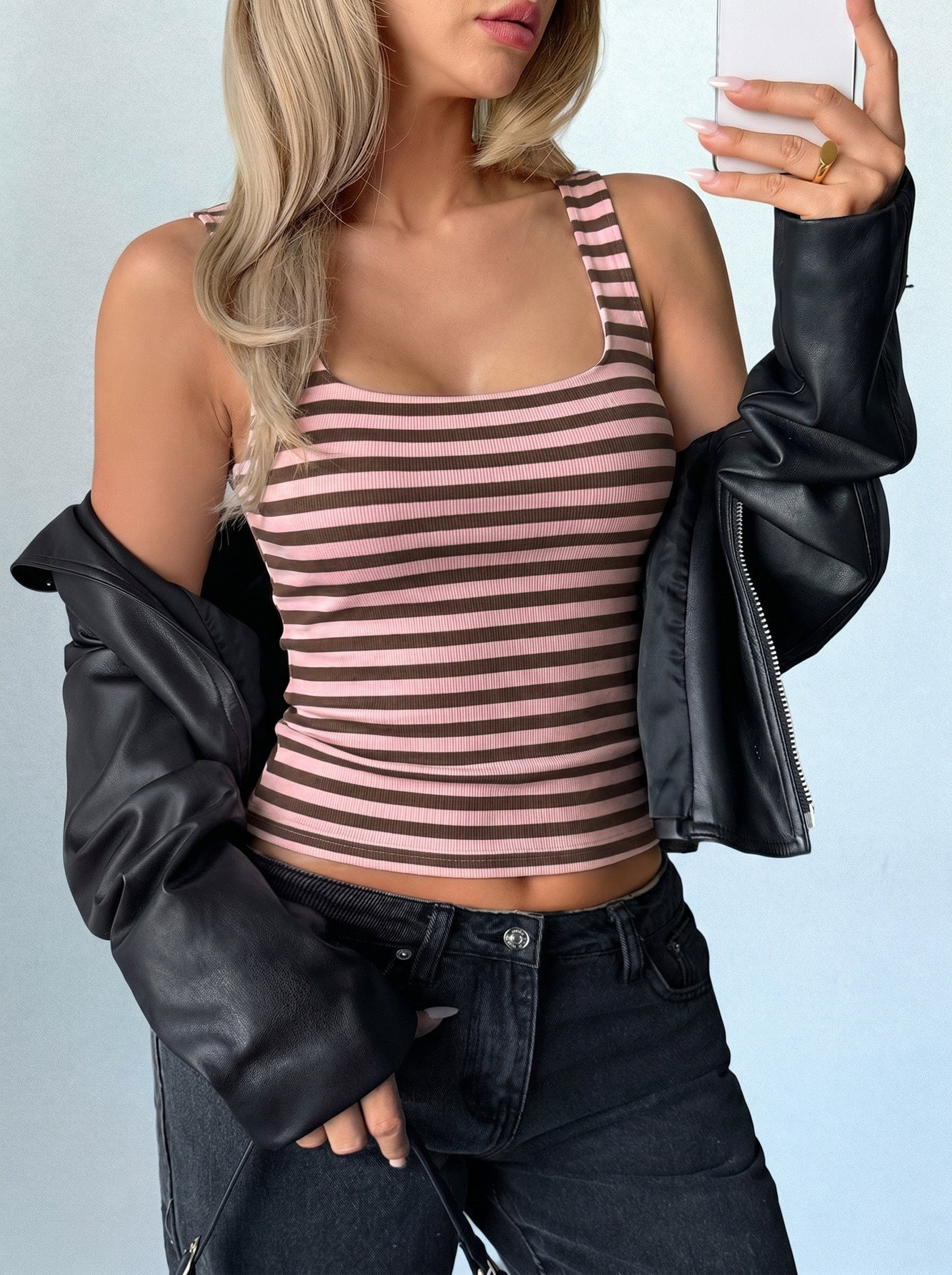 Stretchy Striped Square Neck Tank Top
