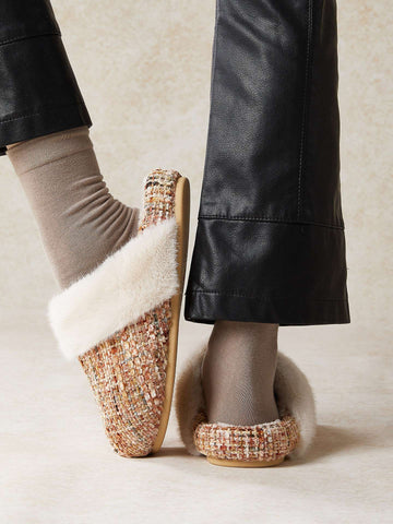 Cozy Faux Fur Tweed House Slippers