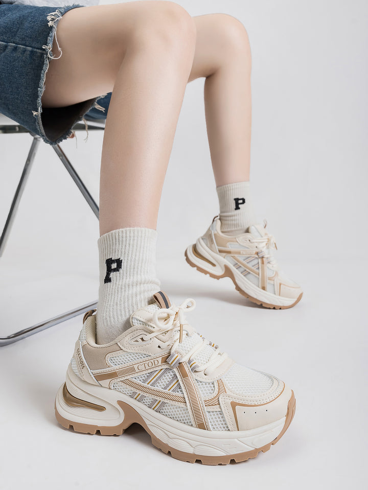 Chunky Sole Breathable Mesh Retro Athletic Shoes-Milan Beige