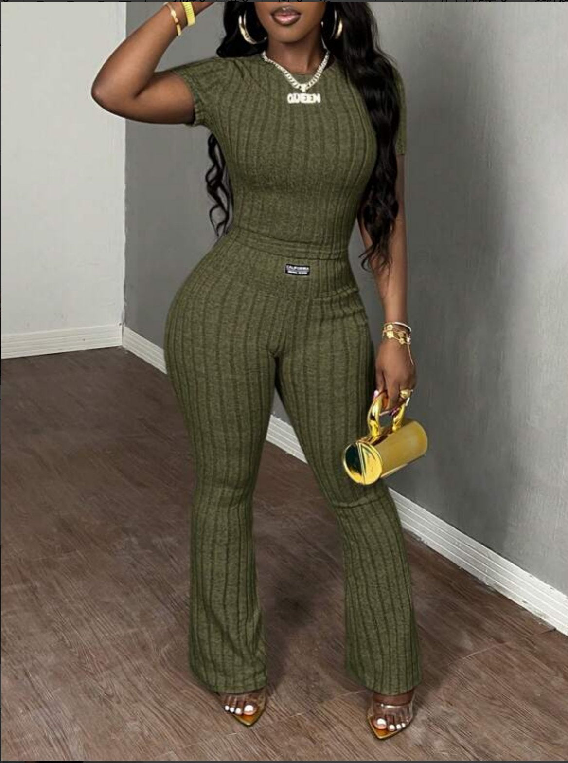 Ribbed Crop Top Flare Pants Set