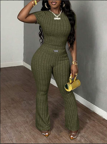 Ribbed Crop Top Flare Pants Set