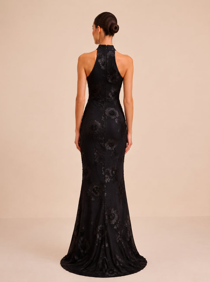 Floral Embroidered Halter Evening Dress