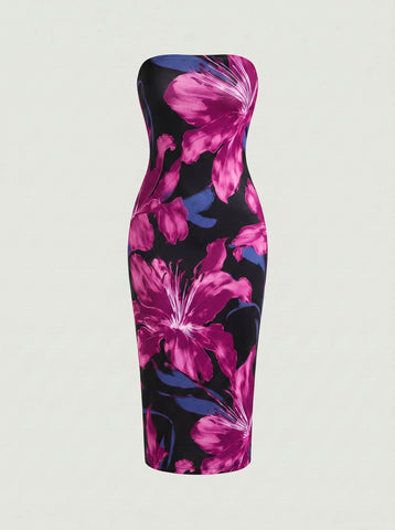 MAIA Floral Print Strapless Sheath Midi Dress