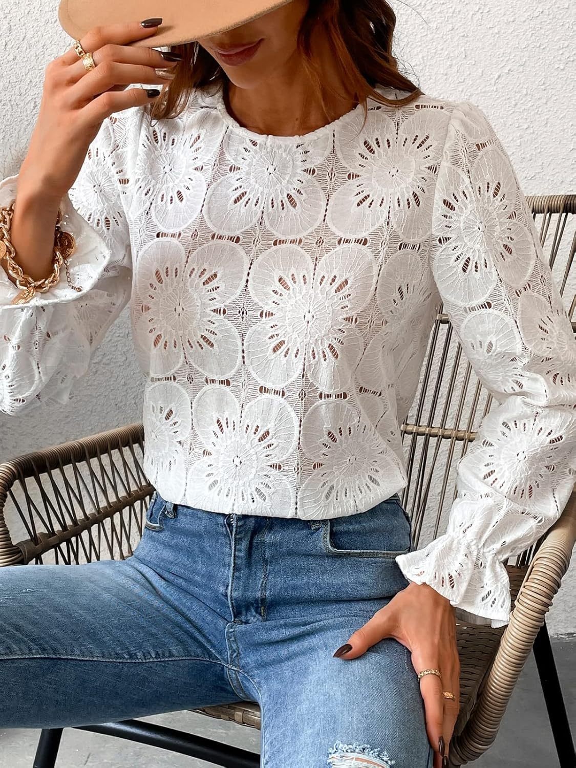 Guipure Lace Long Sleeve Casual Blouse