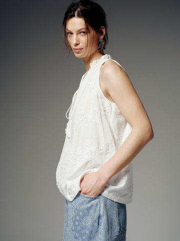 Urban Revivo Floral Embroidered Tie Neck Sleeveless Overhead Shirt